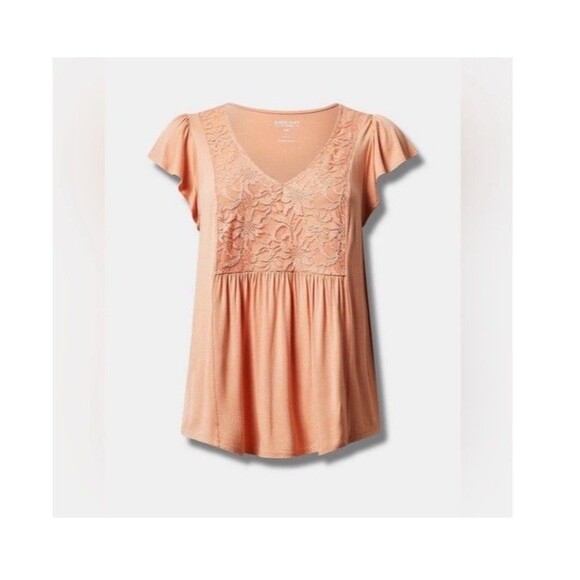 NWT Torrid Supersoft VNeck Lace Ruffle Tank Peach Bloom Flutter Sleeve Sz 00 M L - Picture 1 of 10